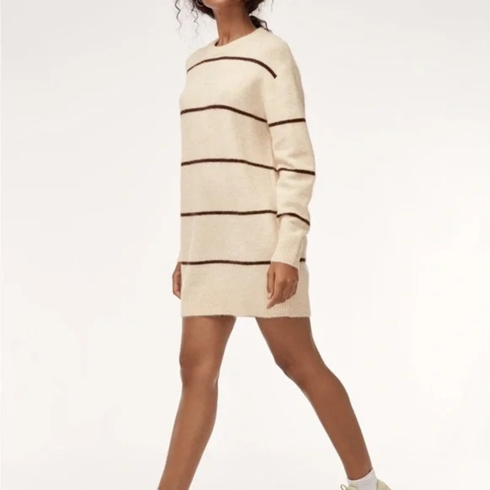 Aritzia Cream and Brown Striped Long Sleeve Dress
